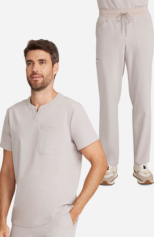 Men's Scrub Set: Cirrus Split Neck Top & Zephyr Straight Leg Pant, WMS Warm Stone | grey, large