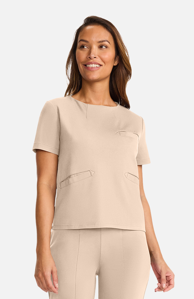 Women's Ponte Round Neck Scrub Top, TAT Toasted Tan | brown, large