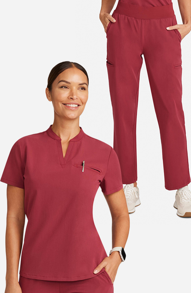 Women's Scrub Set: Taiga Welt Pocket Top & Straight Leg Ankle Pant, CHW Cherry Wood | red, large