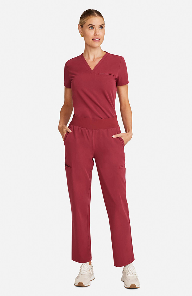 Women's Scrub Set: Flora 3-Pocket Top & Straight Leg Ankle Pant, CHW Cherry Wood | red, large