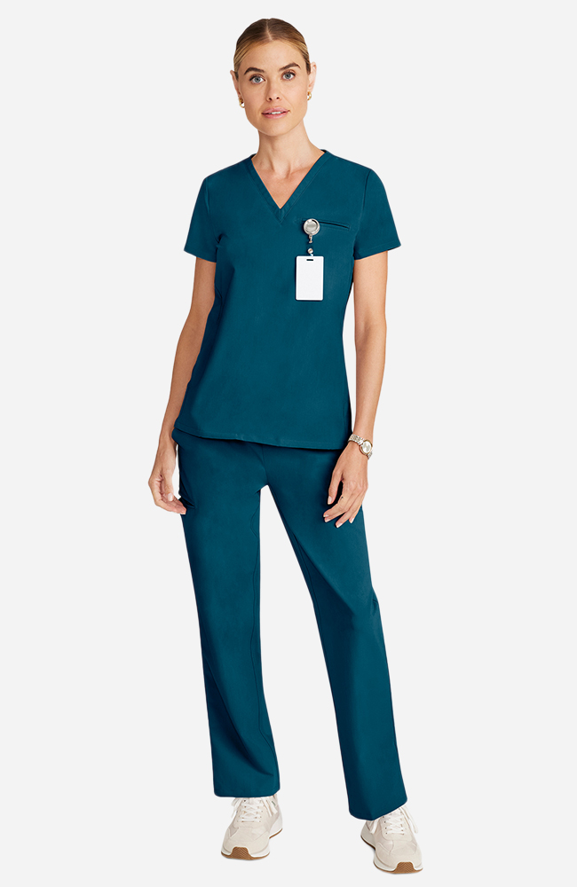 Women's Scrub Set: Flora 3-Pocket Top & Straight Leg Ankle Pant, CAR Caribbean Blue | caribbean blue, large