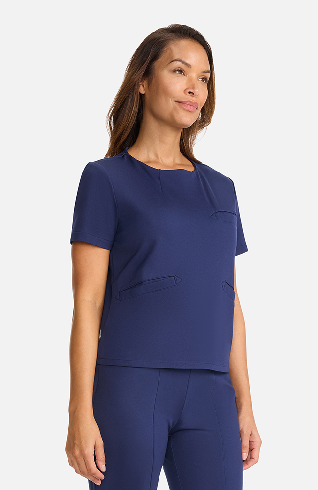 Women's Ponte Round Neck Scrub Top, NAV Navy, large