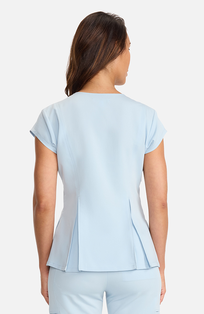Women's Crew Neck Pleated Peplum Scrub Top, ICB Ice Blue, large