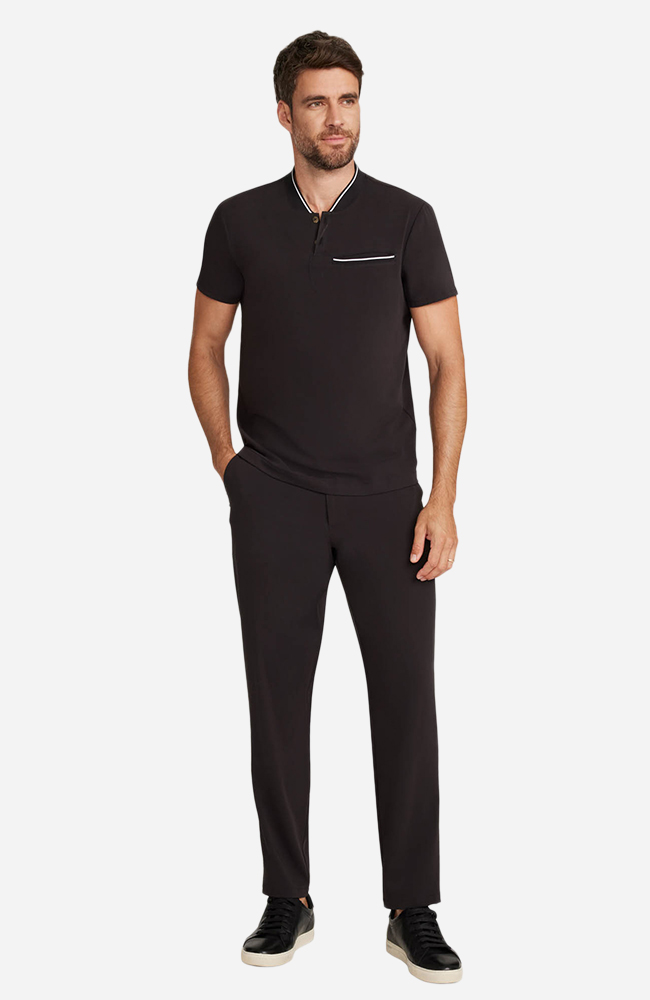 Men's Scrub Set: Rib Collar Henley Top & Cuffed Trouser Pant, BLK Black | black, large