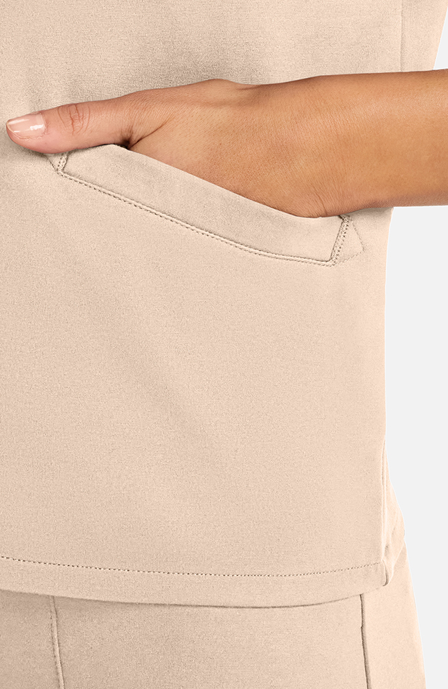 Women's Ponte Round Neck Scrub Top, TAT Toasted Tan | brown, large