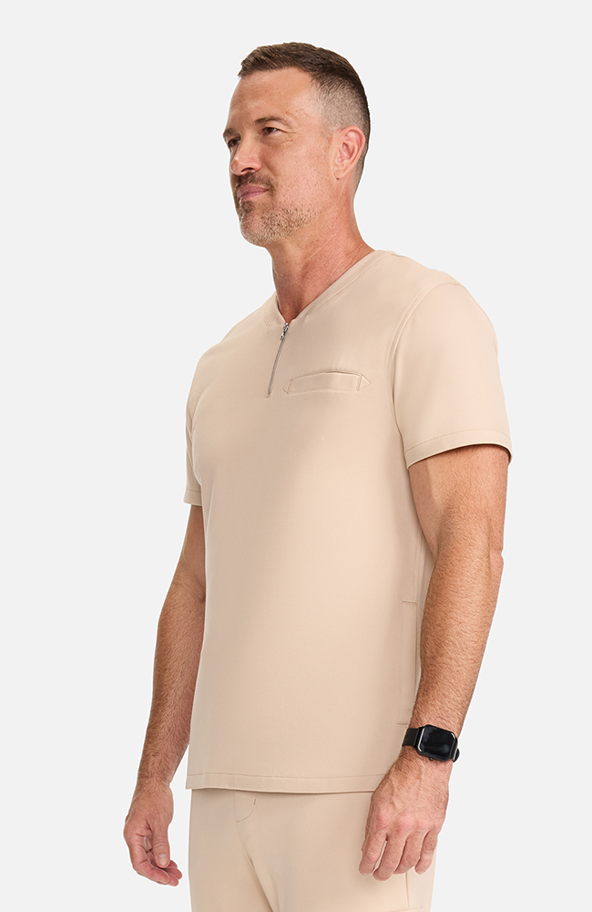 Men's Ponte Quarter Zip V-Neck Scrub Top, TAT Toasted Tan | brown, large