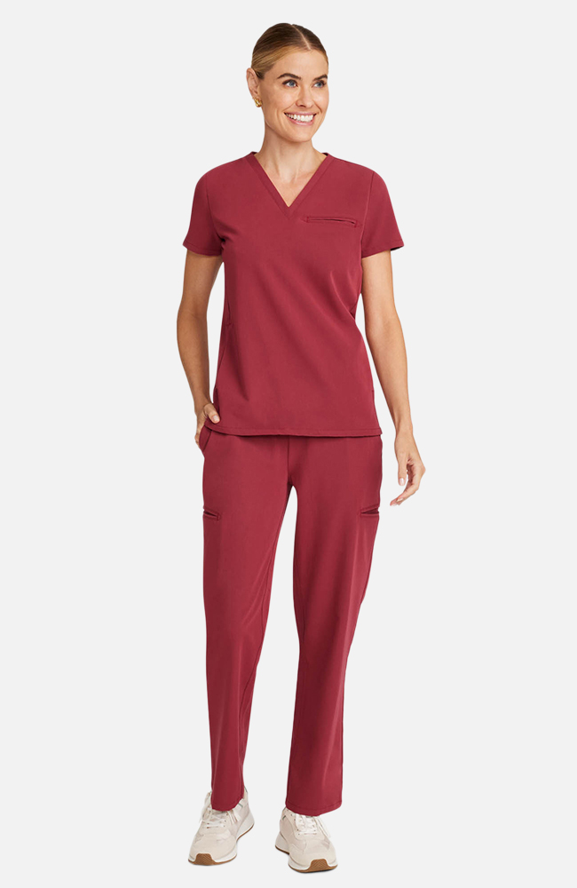 Women's Scrub Set: Flora 3-Pocket Top & Straight Leg Ankle Pant, CHW Cherry Wood | red, large