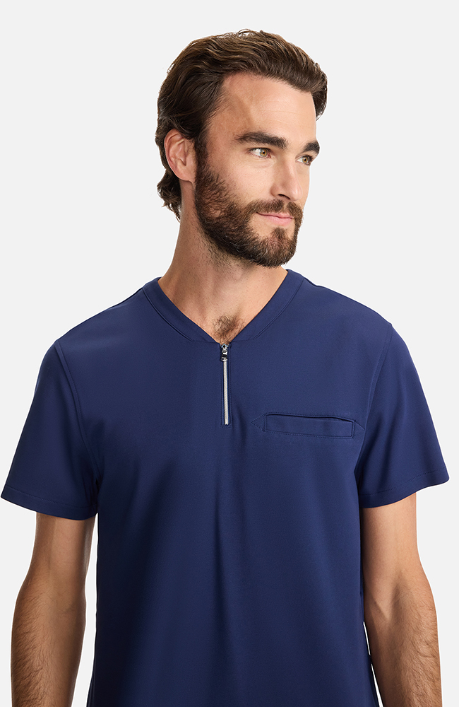 Men's Ponte Quarter Zip V-Neck Scrub Top, NAV Navy | navy, large