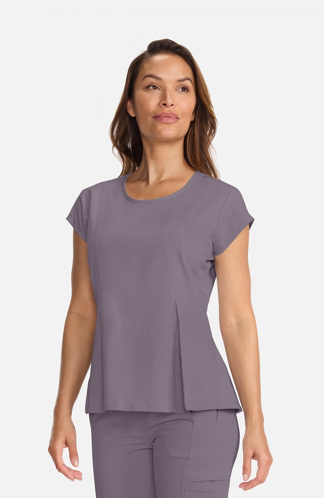 Women's Crew Neck Pleated Peplum Scrub Top, MIN Mink | grey, large