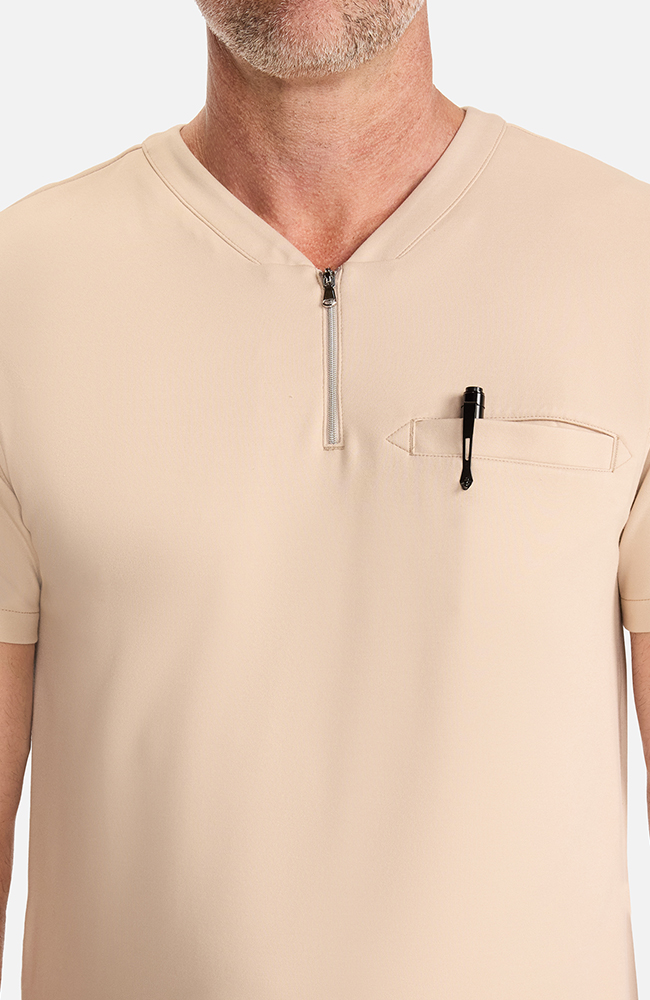 Men's Ponte Quarter Zip V-Neck Scrub Top, TAT Toasted Tan | brown, large