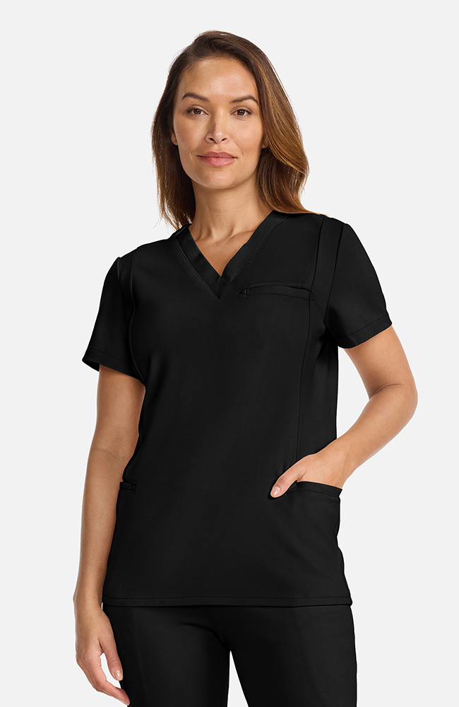 Women's Ponte V-Neck Scrub Top, BLK Black, large