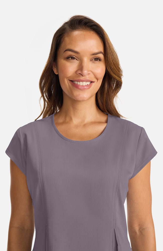 Women's Crew Neck Pleated Peplum Scrub Top, MIN Mink, large