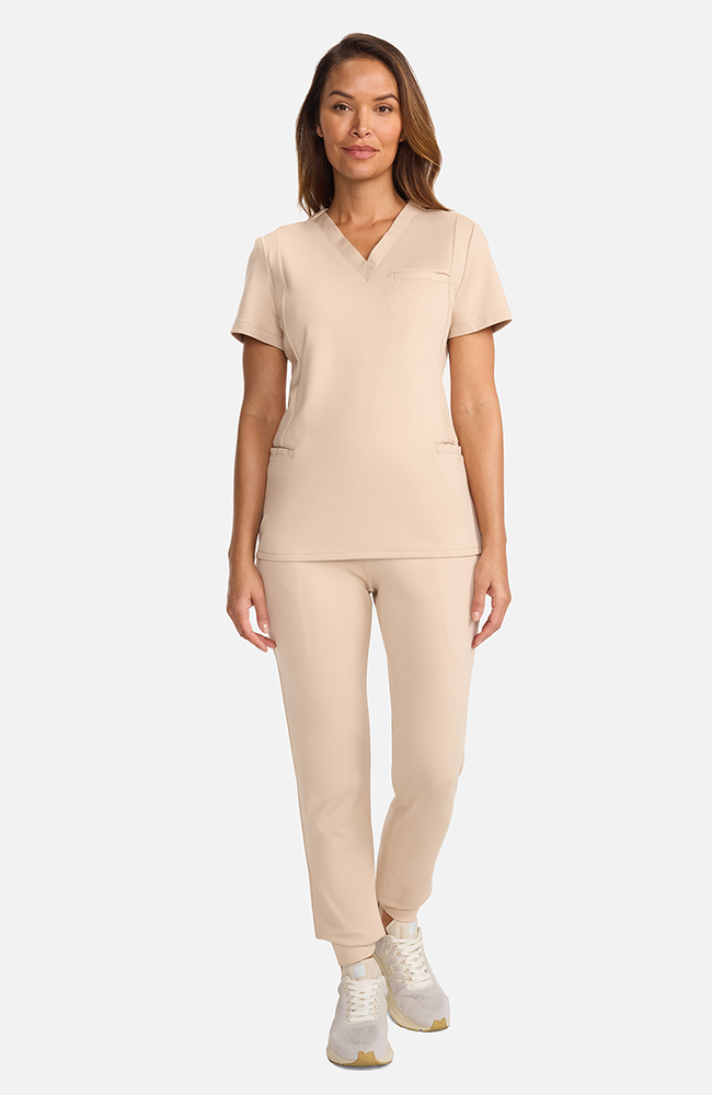 Women's Ponte V-Neck Scrub Top, TAT Toasted Tan | brown, large