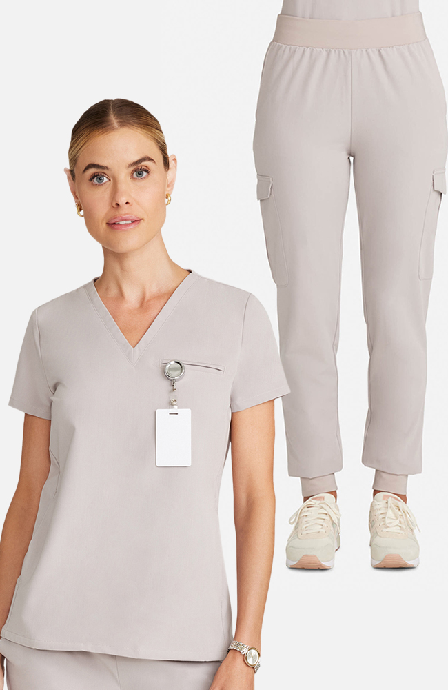 Women's Scrub Set: Flora 3-Pocket Top & Bosque Jogger Pant, WMS Warm Stone | grey, large
