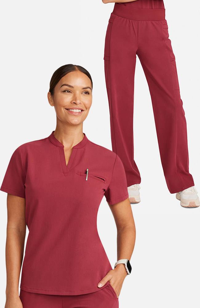 Women's Scrub Set: Taiga Welt Pocket Top & Anemone Straight Leg Pant, CHW Cherry Wood | red, large