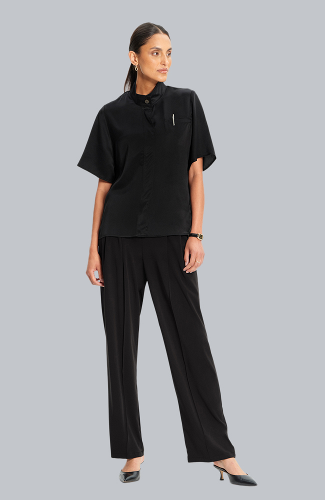 Women's Scrub Set: Silk Stand Collar Top & Pleated Wide Leg Pant, , large