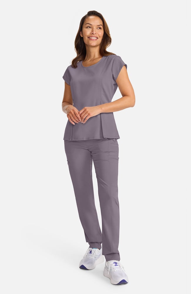 Women's Crew Neck Pleated Peplum Scrub Top, MIN Mink, large