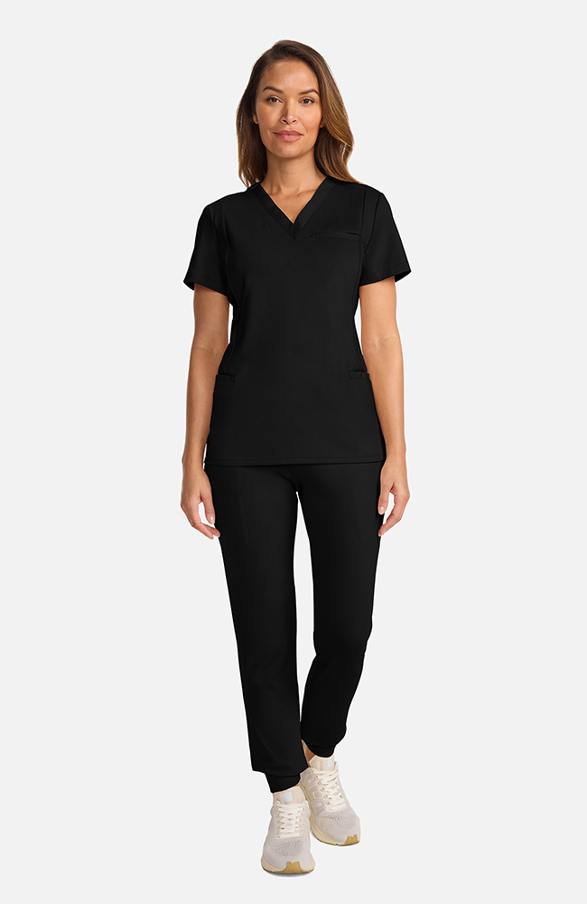 Women's Ponte V-Neck Scrub Top, BLK Black, large