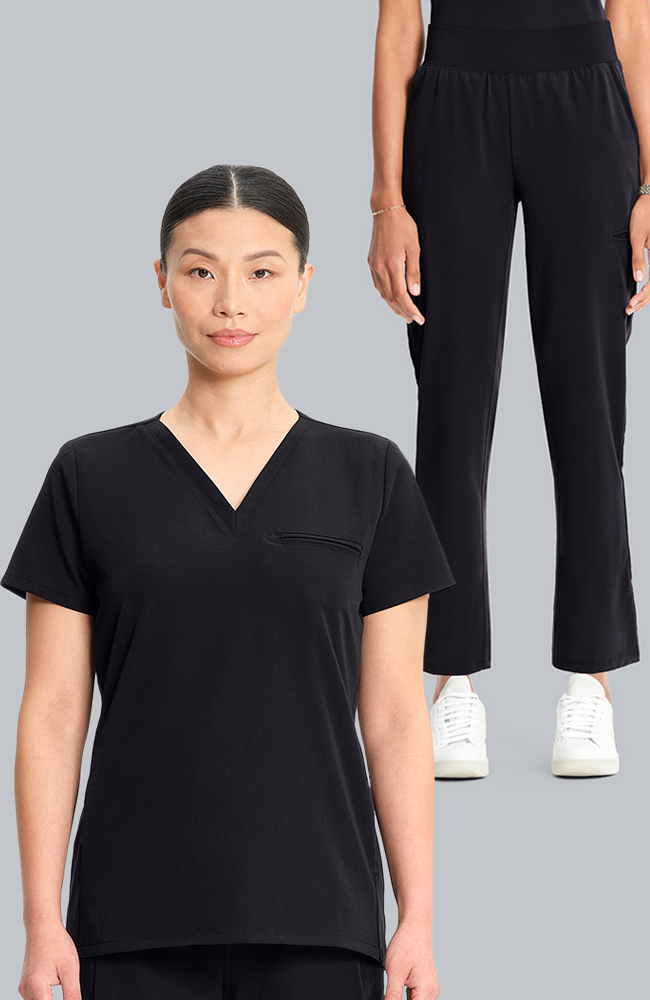 Women's Scrub Set: Flora 3-Pocket Top & Straight Leg Ankle Pant, BLK Black, large