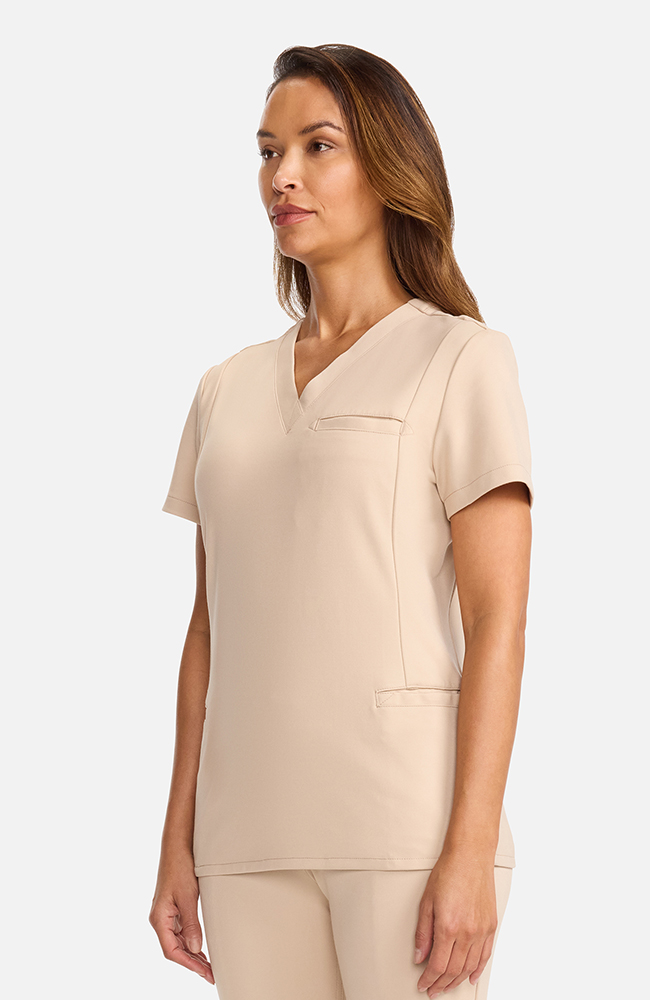 Women's Ponte V-Neck Scrub Top, TAT Toasted Tan | brown, large