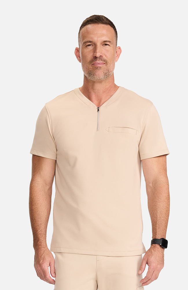 Men's Ponte Quarter Zip V-Neck Scrub Top, TAT Toasted Tan | brown, large