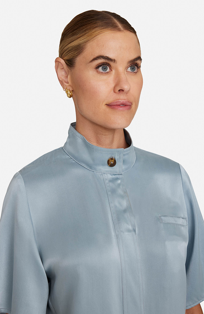 Women’s Silk Stand Collar Scrub Top, SOS Solar Slate, large