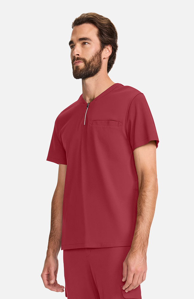 Men's Ponte Quarter Zip V-Neck Scrub Top, CHW Cherry Wood, large